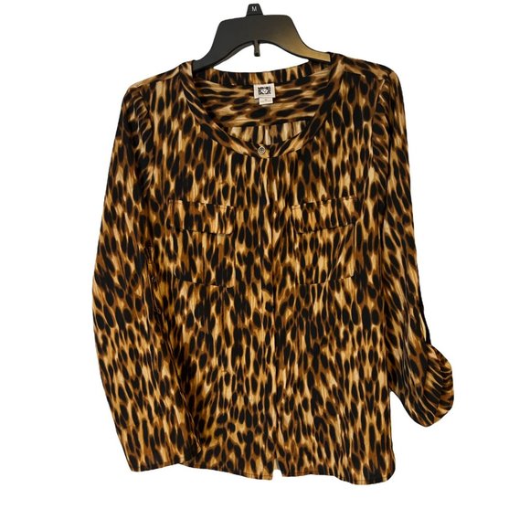 Anne Klein Blouse Womens Medium Leopard Print Roll Tab Sleeves Career Relaxed - Picture 13 of 13